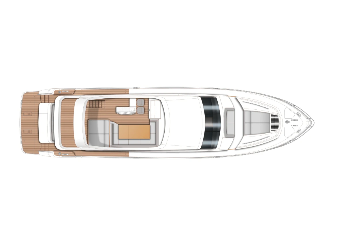 Top view layout of a 2013 Princess 72 Motor Yacht, showcasing deck design and seating arrangement.