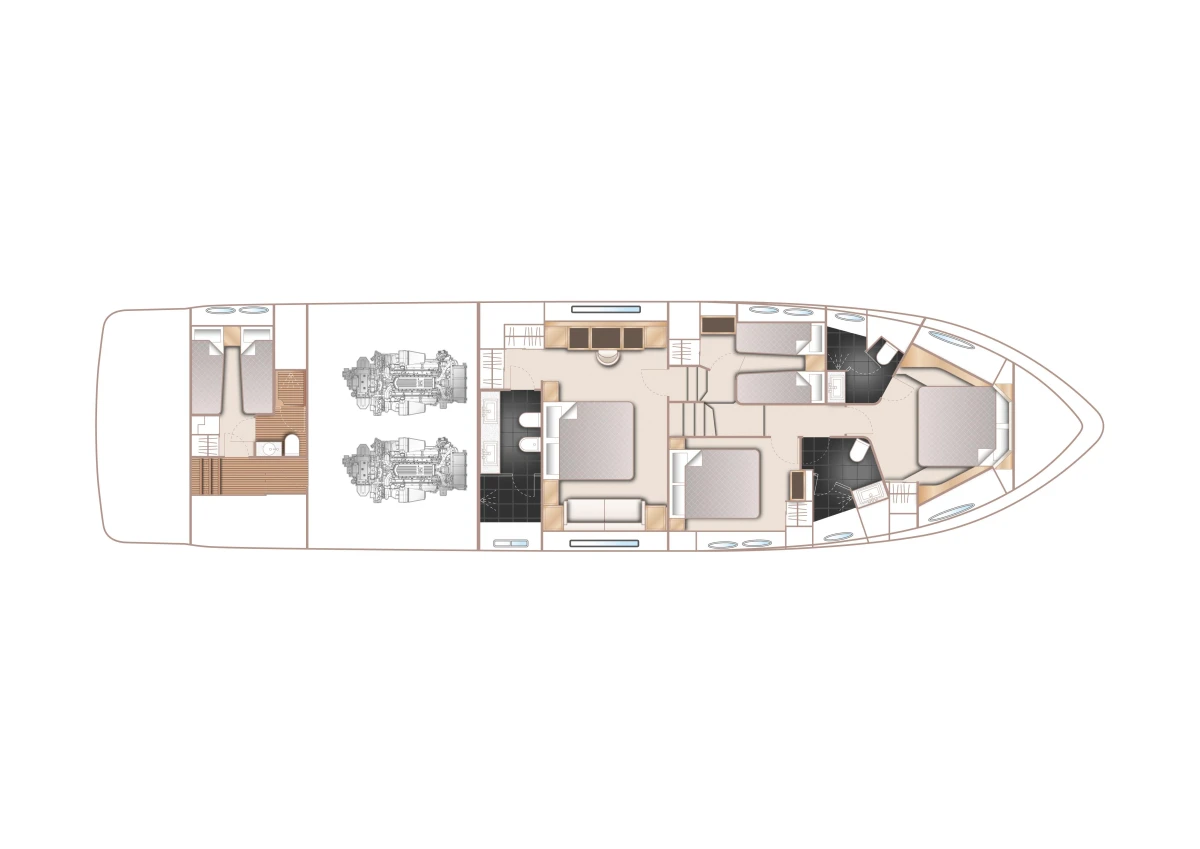 Floor plan of a 2013 Princess 72 Motor Yacht, showcasing cabin and engine layout.