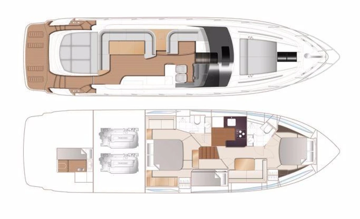Floor plan of 2016 Princess V58 Open yacht, showcasing upper and lower decks.