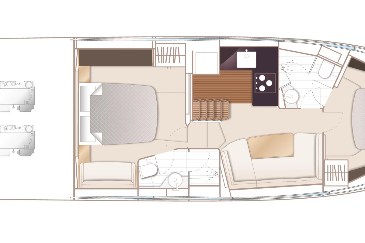 2024 Princess V50 Open yacht interior layout with bedrooms, kitchen, and seating area.