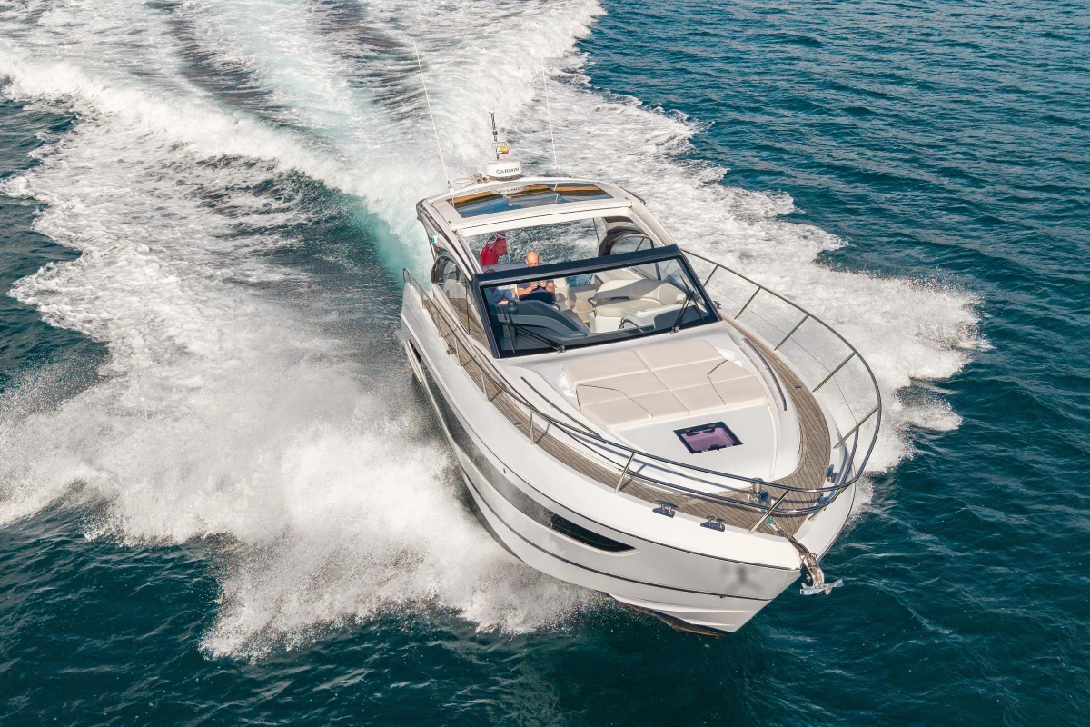2024 Princess V50 Open yacht cruising on open water, showcasing sleek design and performance.