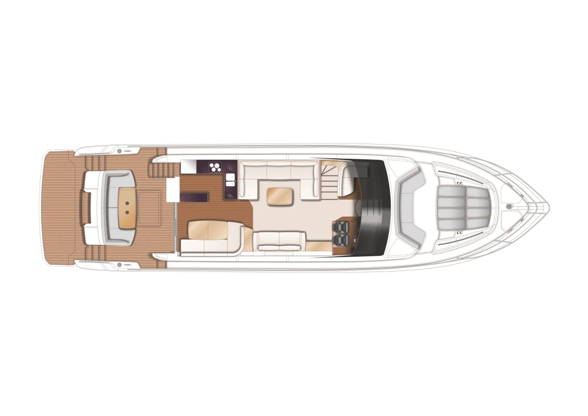 Top view layout of a 2015 Princess 68 yacht interior design.
