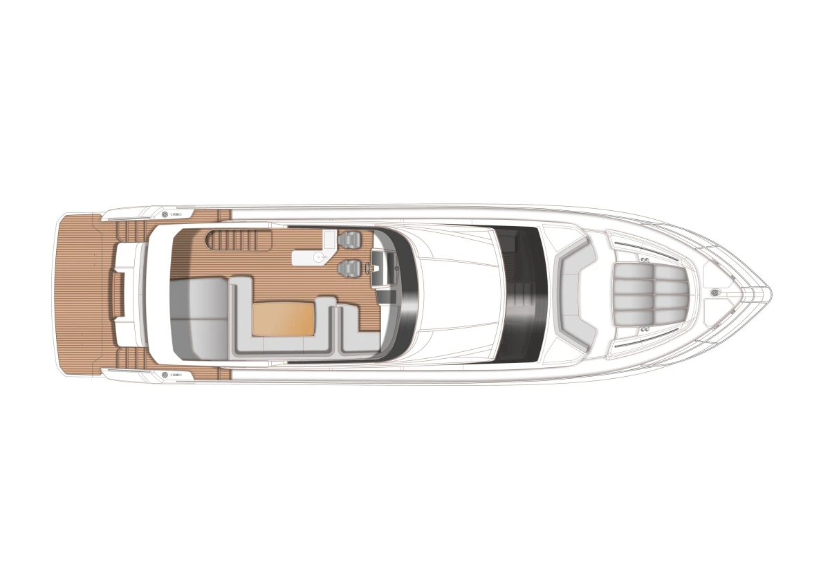 Top view layout of a 2015 Princess 68 yacht, showcasing deck design and seating arrangement.