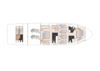 Floor plan of a 2015 Princess 68 yacht, showcasing cabin and engine layout.