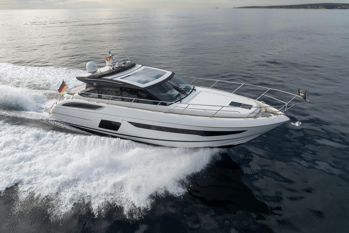 2016 Princess V58 Open yacht cruising on open water.