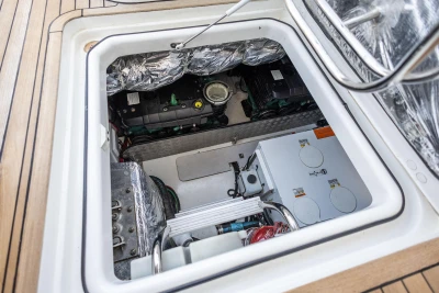 Engine compartment of a 2019 Princess V40 yacht, showcasing mechanical components and wiring.