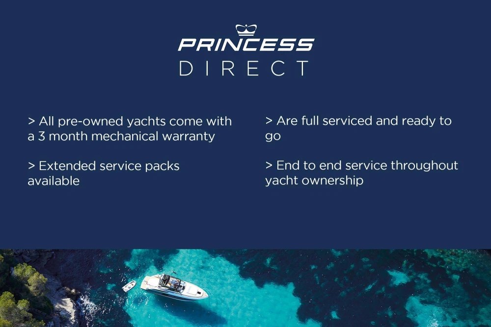 Pre-owned Princess V40 yacht with warranty, full service, and ownership support.