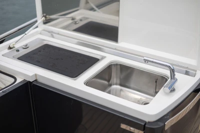 Stainless steel sink and faucet on 2014 Princess 56 yacht.