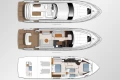 Layout of 2014 Princess 56 yacht showing flybridge, main deck, and lower deck.