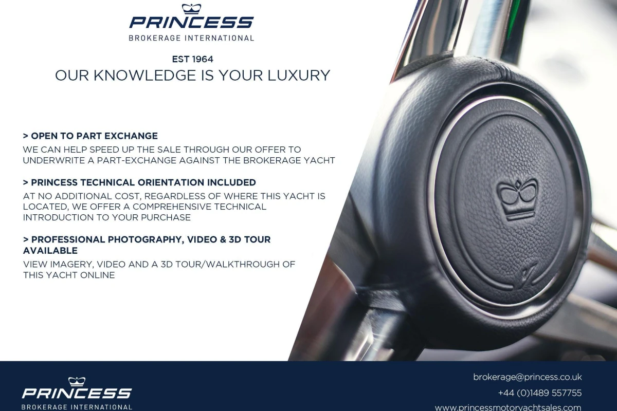 Princess F50 yacht brochure highlighting part exchange, technical orientation, and 3D tour options.