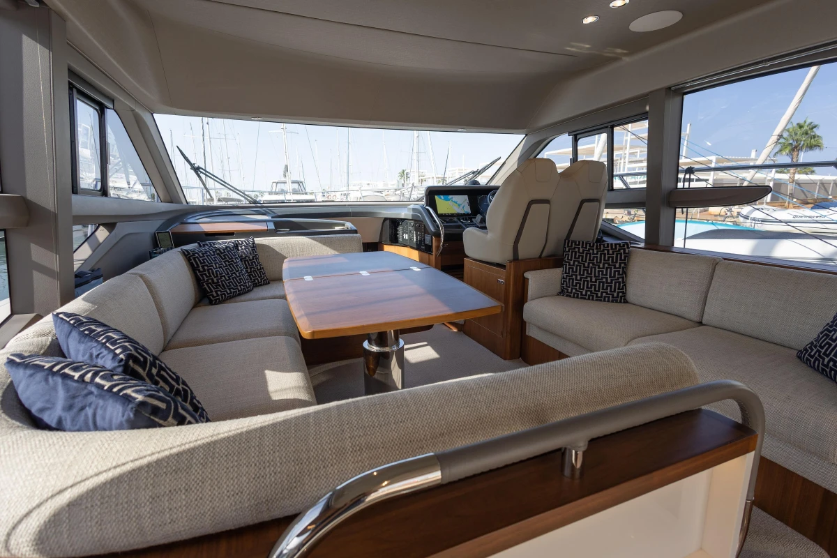 Luxurious interior of 2023 Princess F50 yacht with elegant seating and modern design.