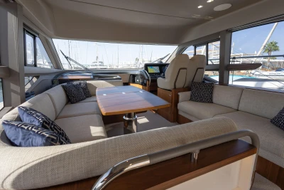 Luxurious interior of 2023 Princess F50 yacht with elegant seating and modern design.