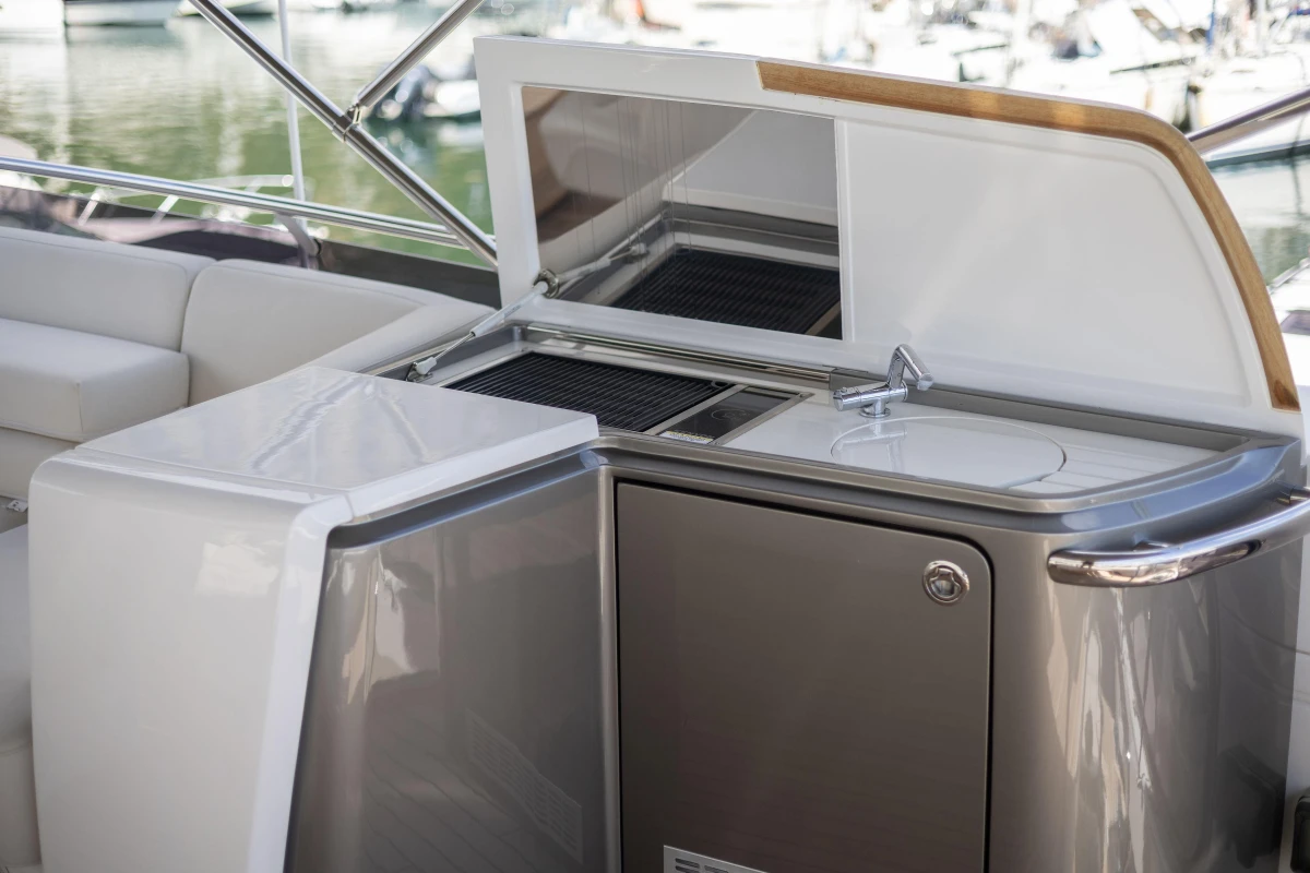 Luxury yacht Princess S78 2022 outdoor kitchen with sink and grill.