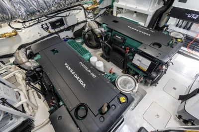 Engine room of 2023 Princess V50 yacht with Volvo Penta engines.
