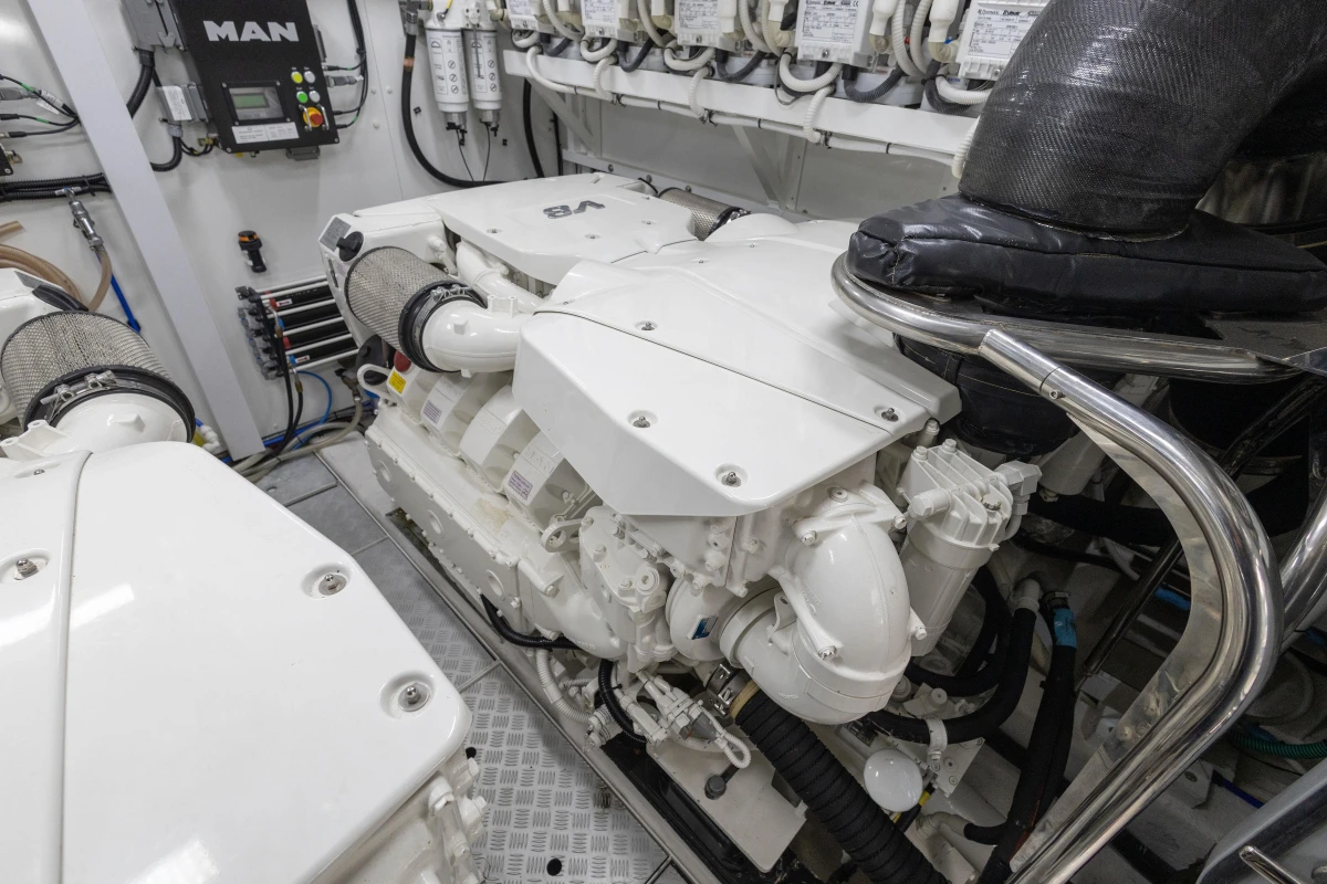 Engine room of a 2017 Princess 68 yacht, featuring a MAN engine.