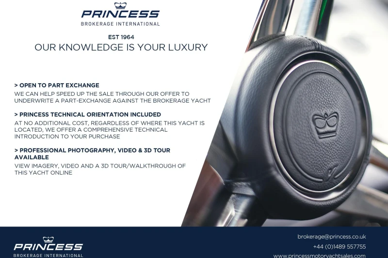 Princess V48 Open 2017 yacht advertisement highlighting part exchange, technical orientation, and 3D tour.
