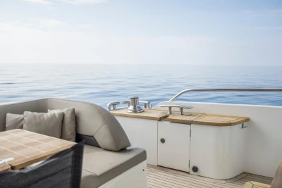 Luxurious 2013 Princess 72 Motor Yacht deck with ocean view and seating area.