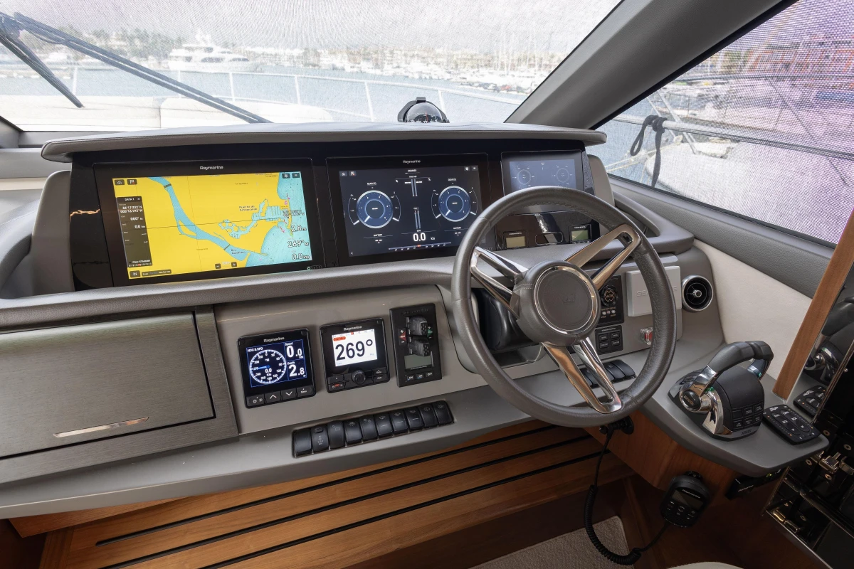 Cockpit of 2020 Princess F62 yacht with advanced navigation and control systems.