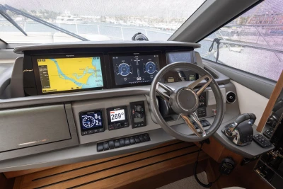 Cockpit of 2020 Princess F62 yacht with advanced navigation and control systems.