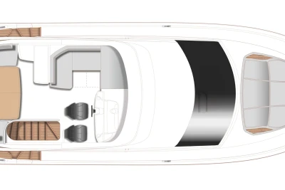 Top view layout of 2023 Princess F45 yacht, showcasing seating and helm area.