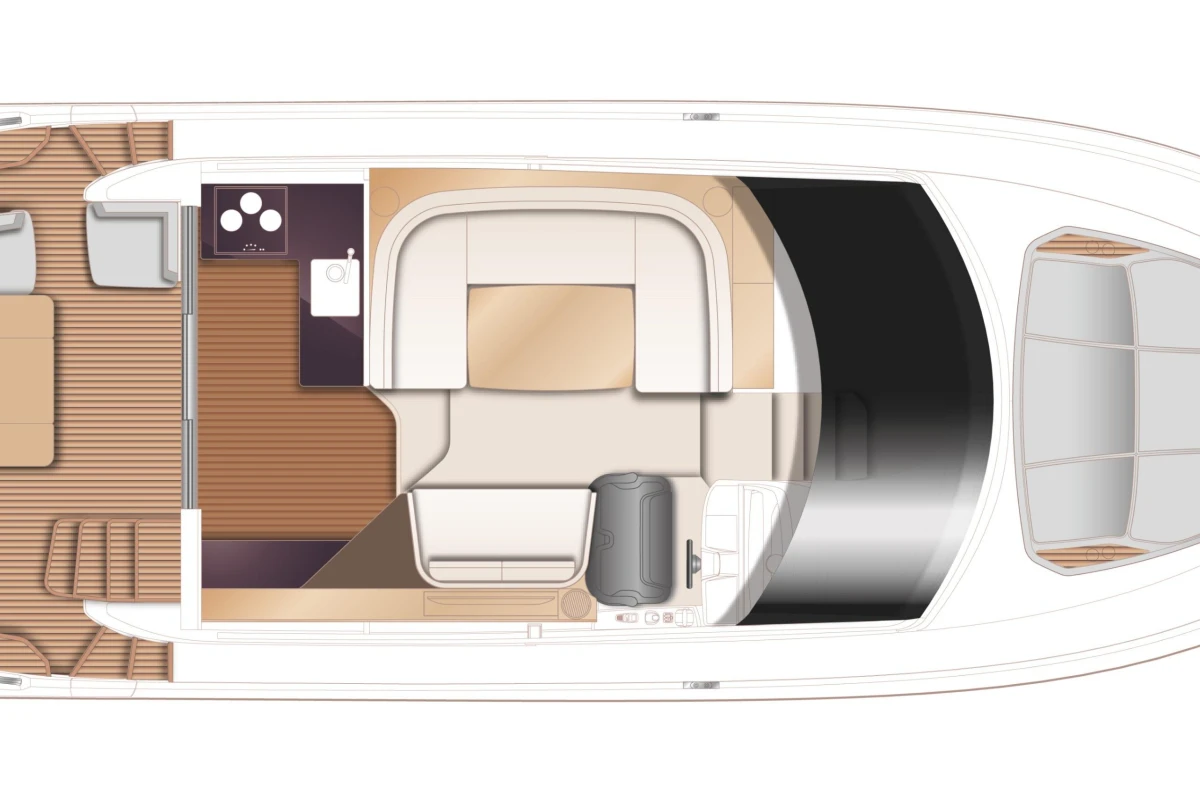 Floor plan of 2023 Princess F45 yacht, featuring seating and kitchen area.