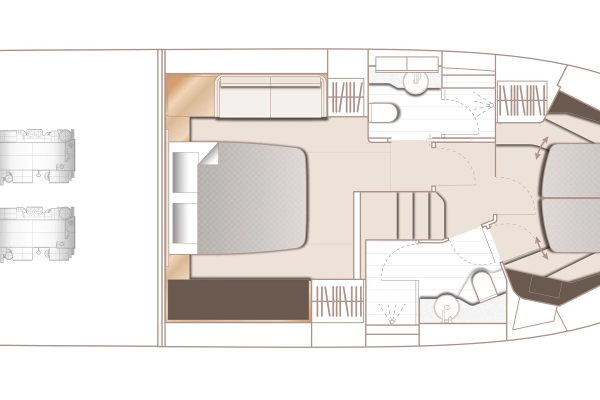 Floor plan of 2023 Princess F45 yacht, featuring bedroom, bathroom, and living area layout.