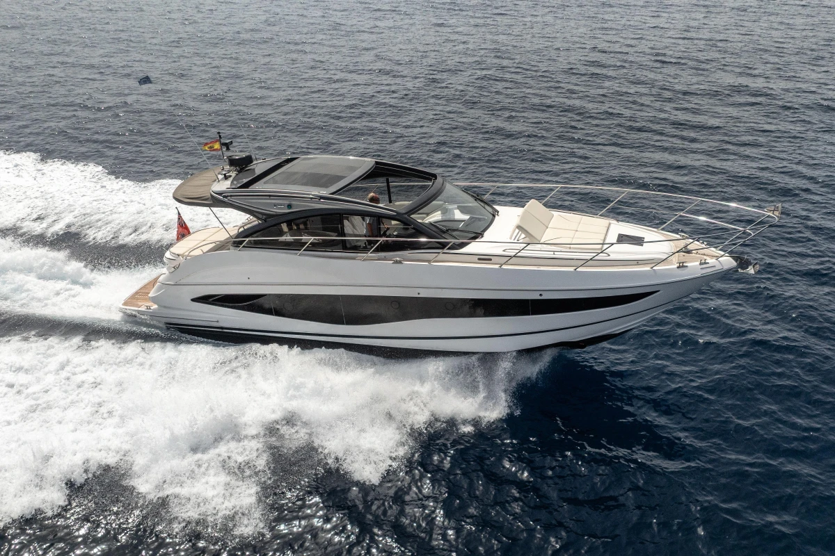 2023 Princess V50 Open yacht cruising on open sea, showcasing sleek design and luxury.