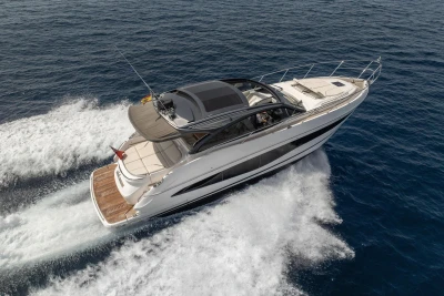 2023 Princess V50 Open yacht cruising on open sea, showcasing sleek design and luxury.