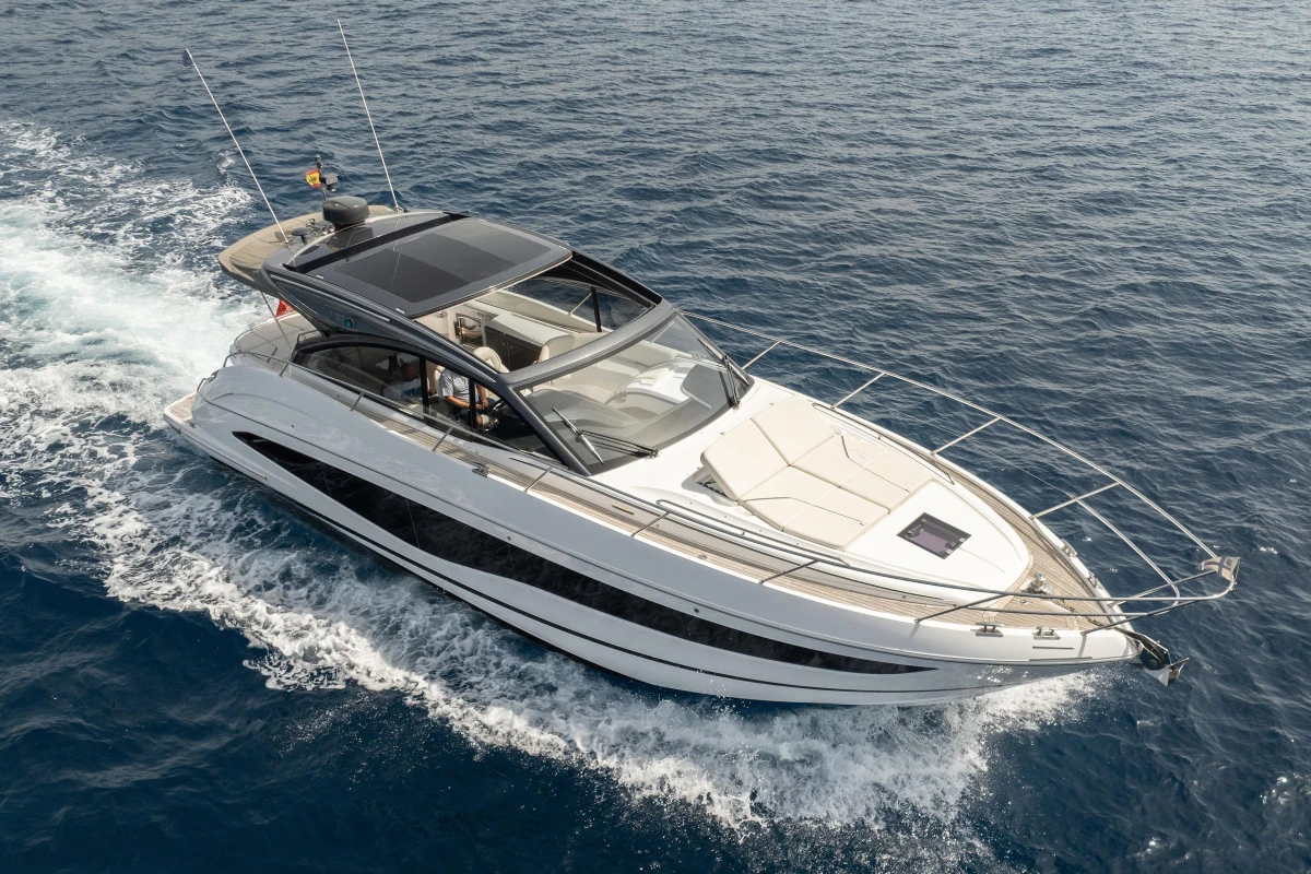 2023 Princess V50 Open yacht cruising on open sea, showcasing sleek design and luxury.