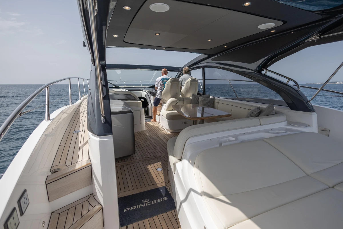 2023 Princess V50 Open yacht with spacious deck and luxurious seating on open water.