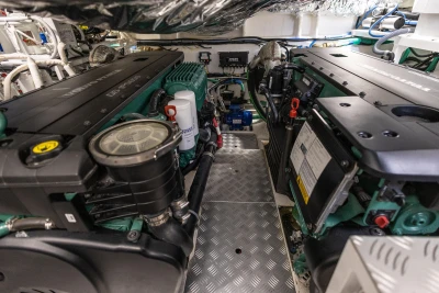 Engine room of 2023 Princess V50 Open yacht with dual Volvo Penta engines.