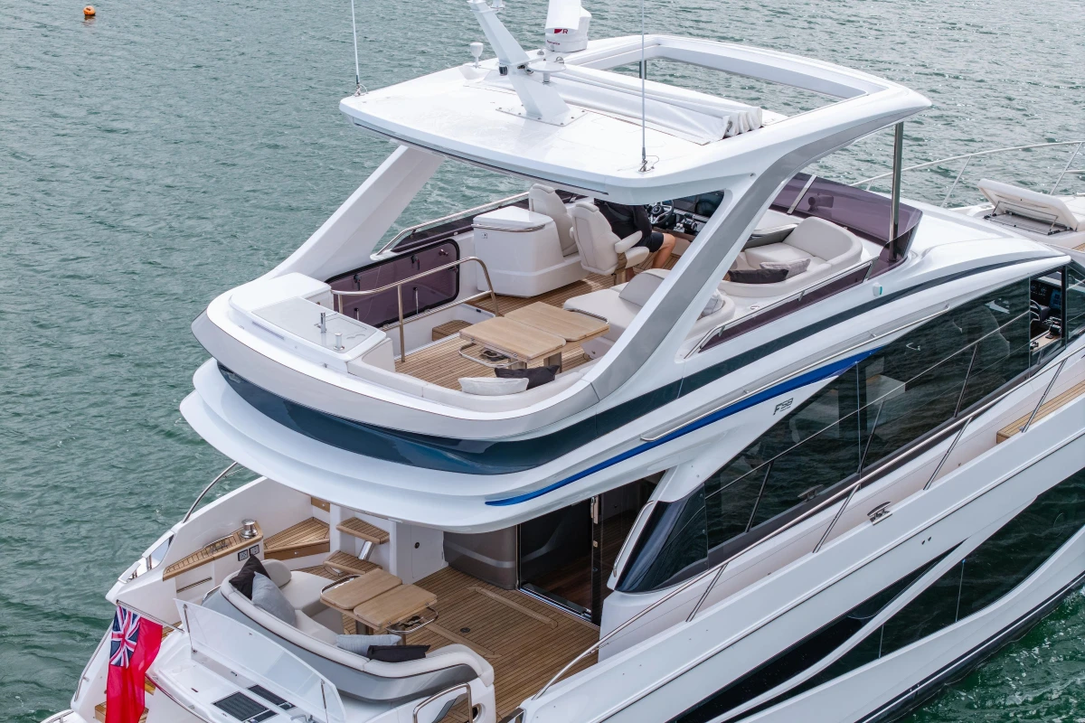 Luxurious 2025 Princess F58 yacht with spacious decks and elegant design on the water.
