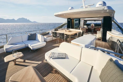 Luxurious 2026 Princess X80 yacht deck with elegant seating and ocean view.