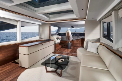 Luxurious interior of 2026 Princess X80 yacht with elegant seating and ocean view.