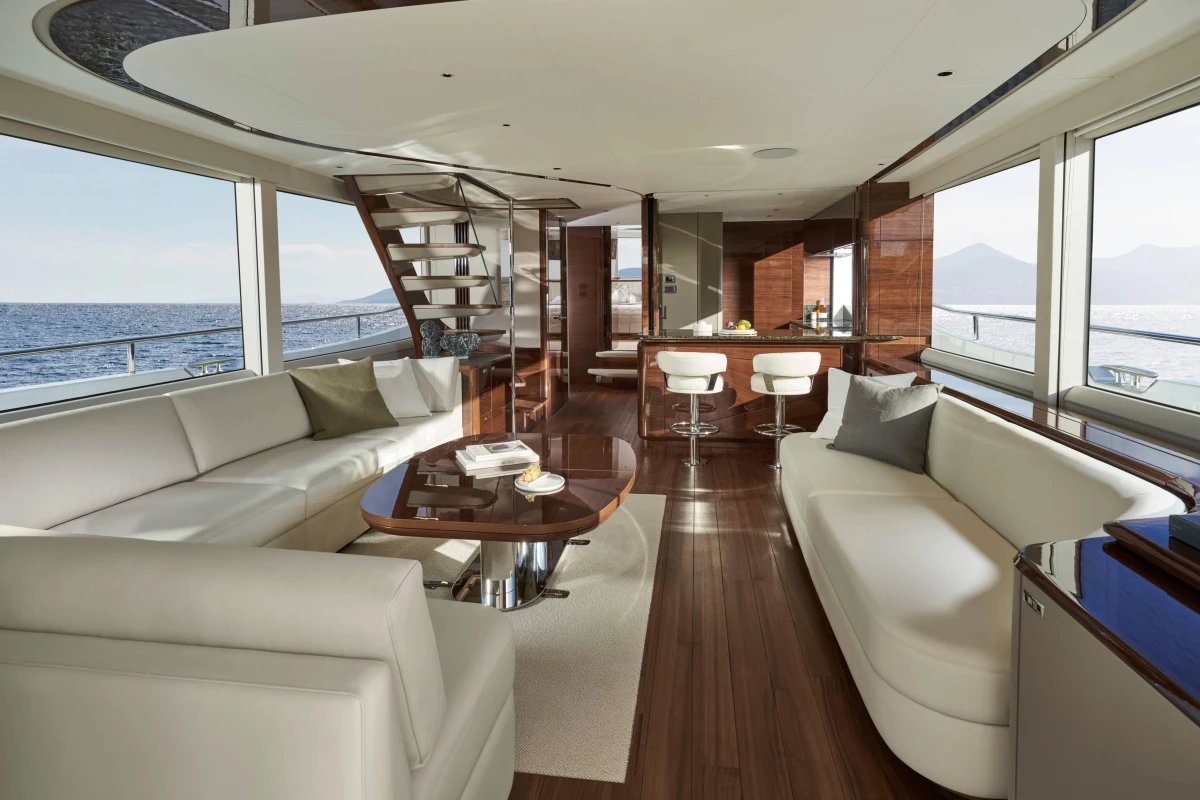 Luxurious interior of 2026 Princess X80 yacht with elegant seating and ocean views.